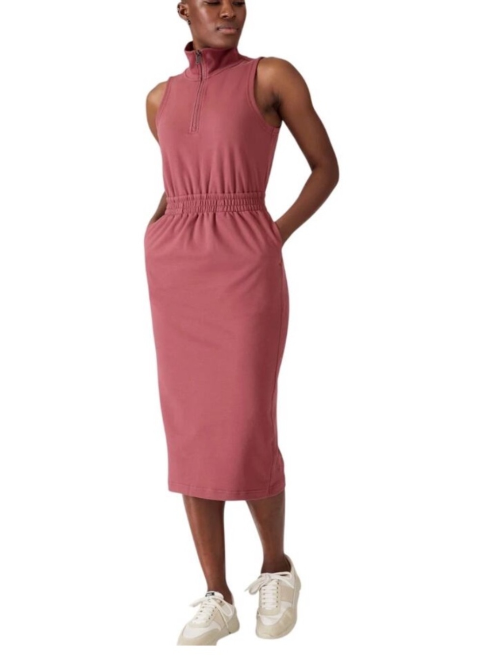 Athleta Retroterry Dress Sleeveless Midi Length Elastic Waist 1/4 Zip High Neck